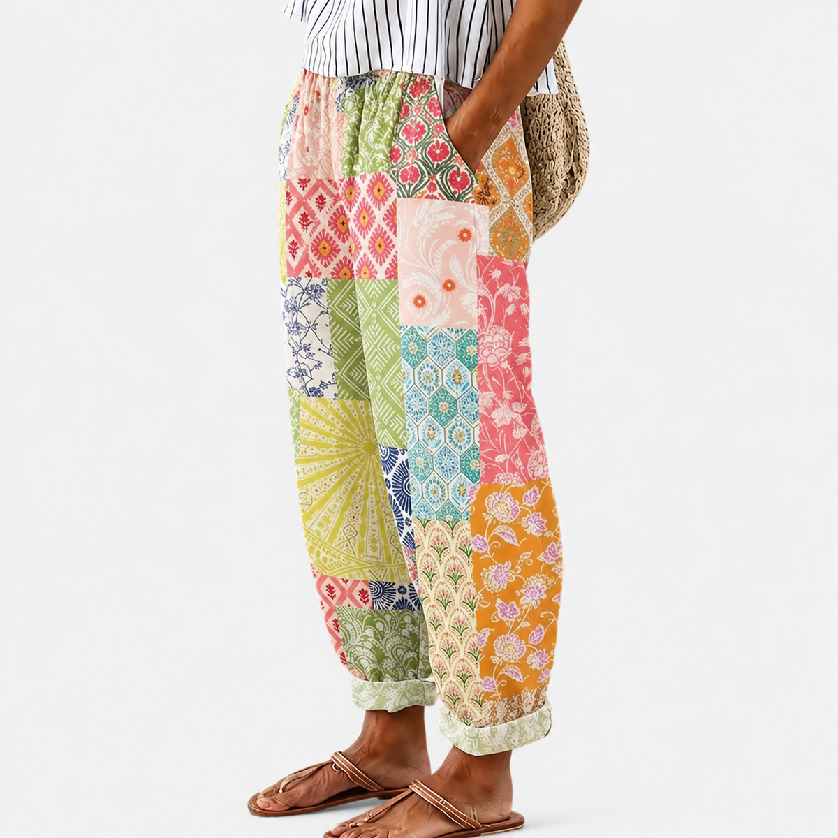 Moza | Floral and Geometric Print Patchwork Pants
