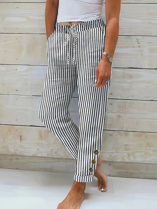 Rakel | Striped Casual Pants with Button Detail