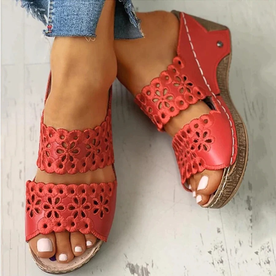 Sabine | Embroidered Wedge Sandals with Faux Leather Finish