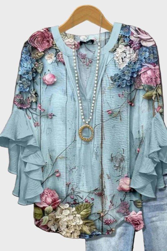 Mette Light Blue Boho Print Blouse for Women