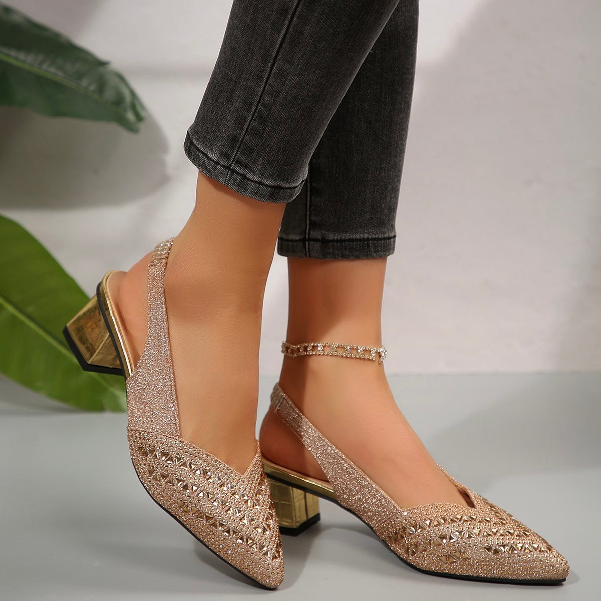 Ramona | Glossy Heeled Sandals with Sparkling Crystal Details
