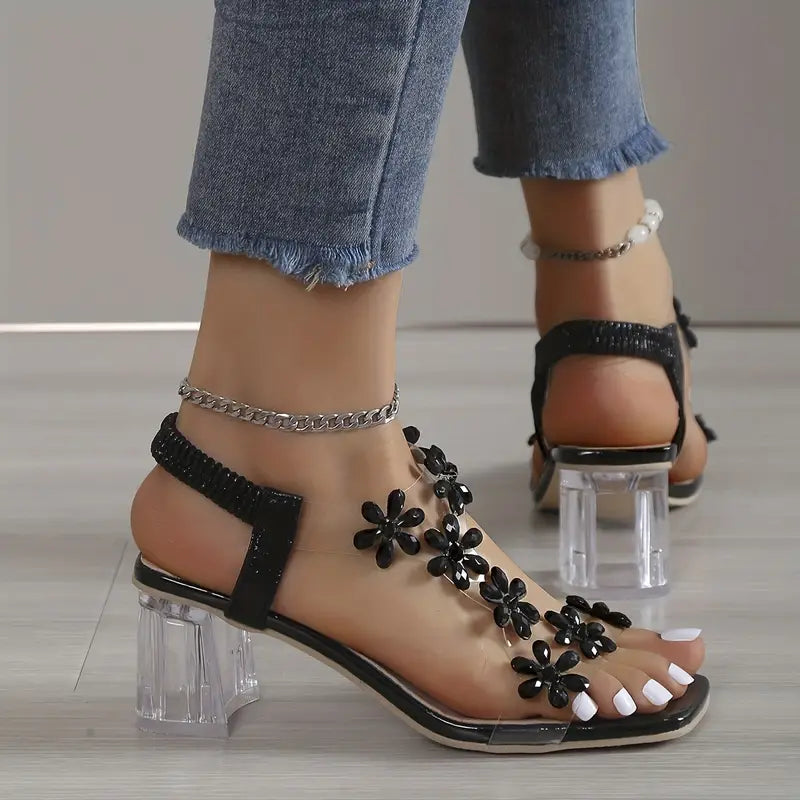 Nina | Block Heel Sandals with Floral Crystals