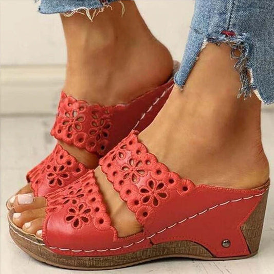 Sabine | Embroidered Wedge Sandals with Faux Leather Finish