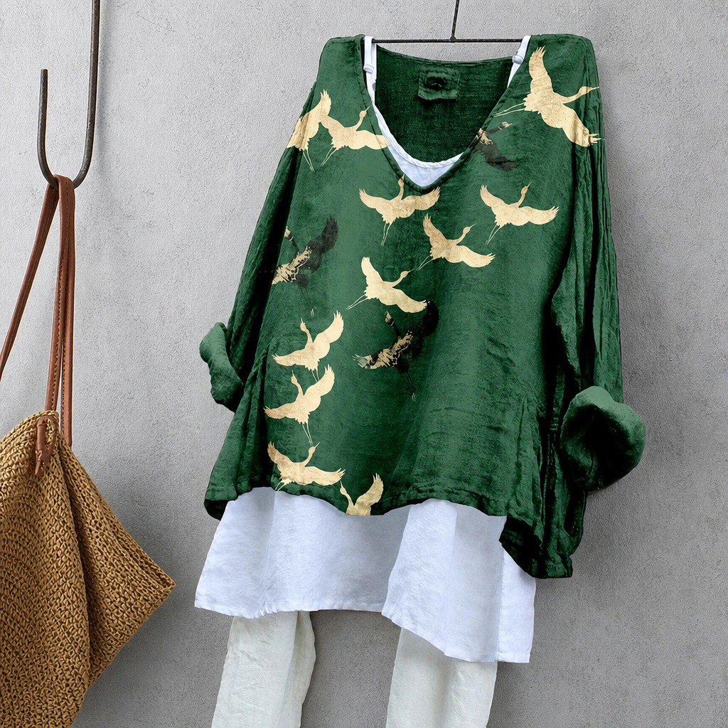 Gold Leaf Crane Print Tunic Blouse – Oversized Boho Top for Women