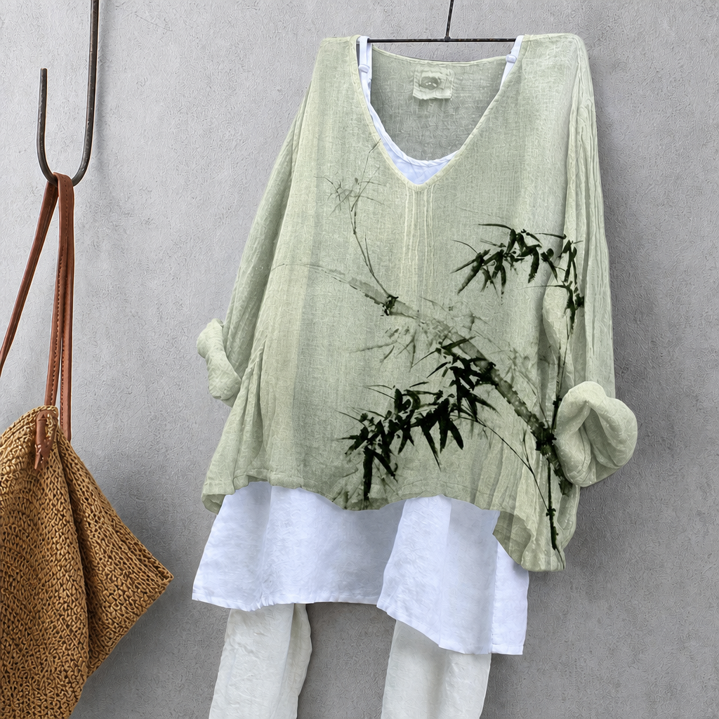 Ink Painting Bamboo Print Sleeveless Blouse – Oversized Boho Top for Women