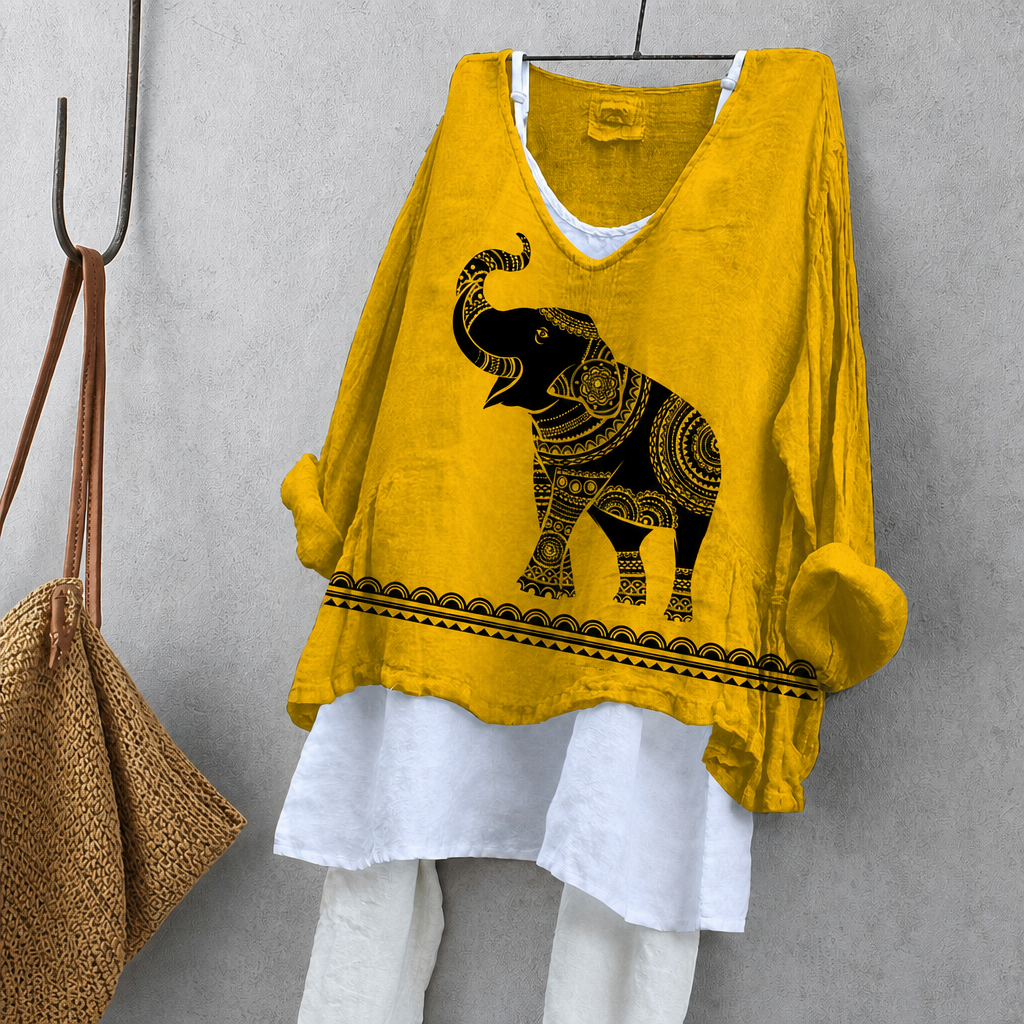 Mandala Elephant Print Tunic Blouse – Oversized Boho Top for Women