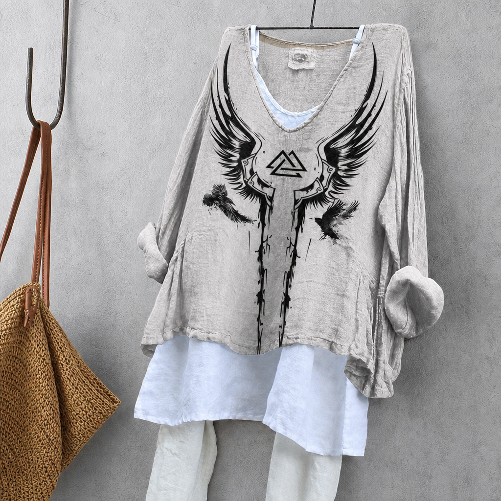 Wings & Raven Print Tunic Blouse – Oversized Boho Top for Women