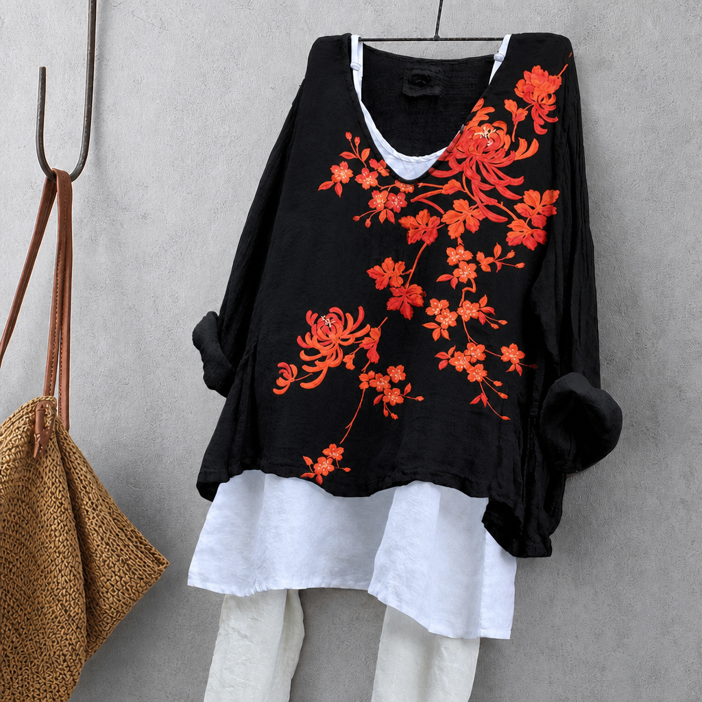 Chrysanthemum & Cherry Blossom Print Tunic Blouse – Oversized Boho Top for Women