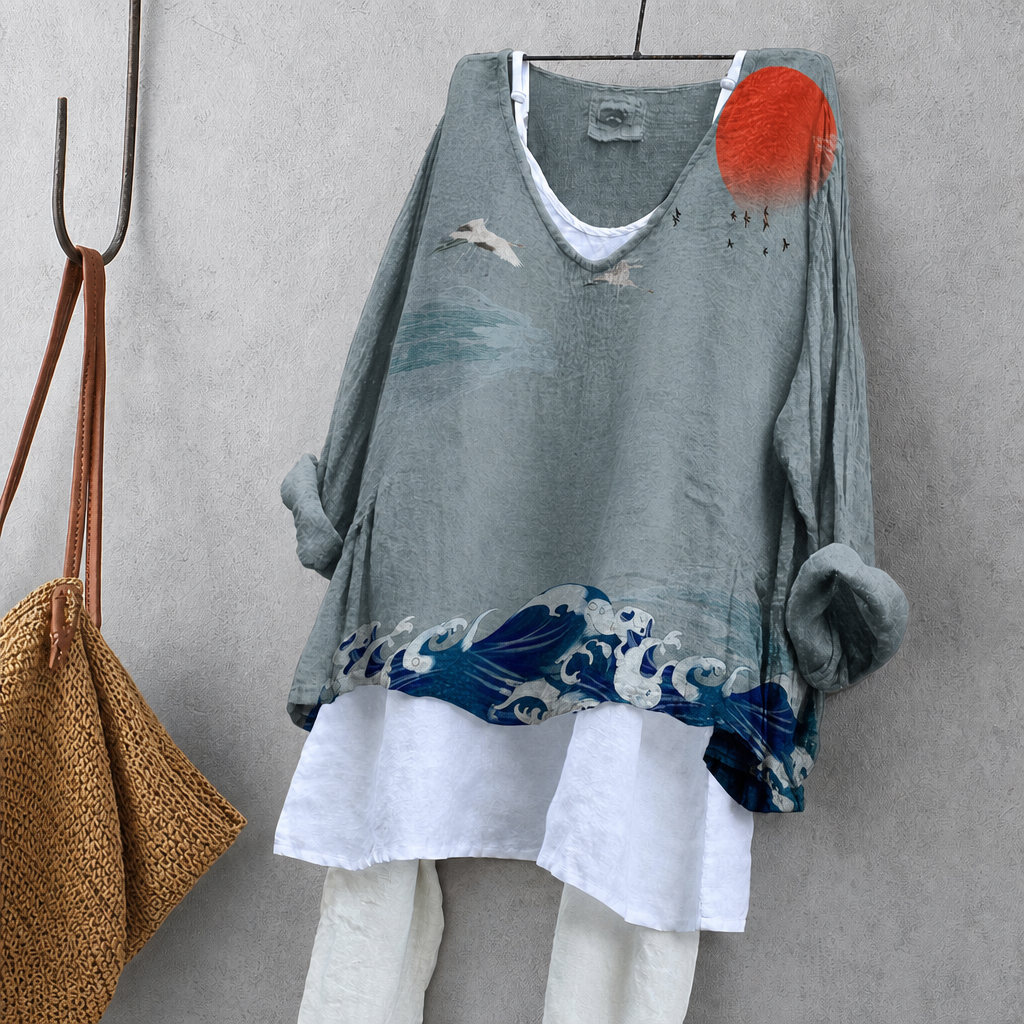Waves & Sunrise Print Tunic Blouse – Oversized Boho Top for Women