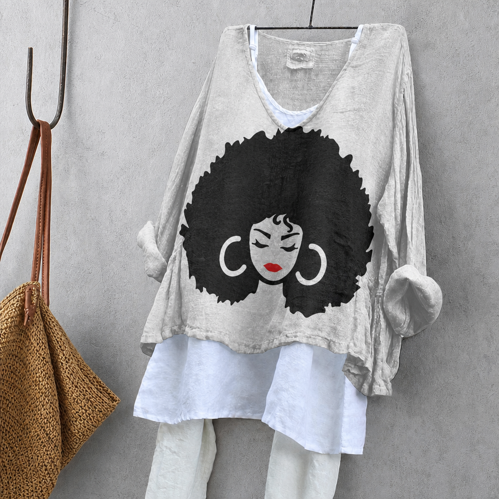Afro-Haired Woman Portrait Print Tunic Blouse – Oversized Boho Top for Women