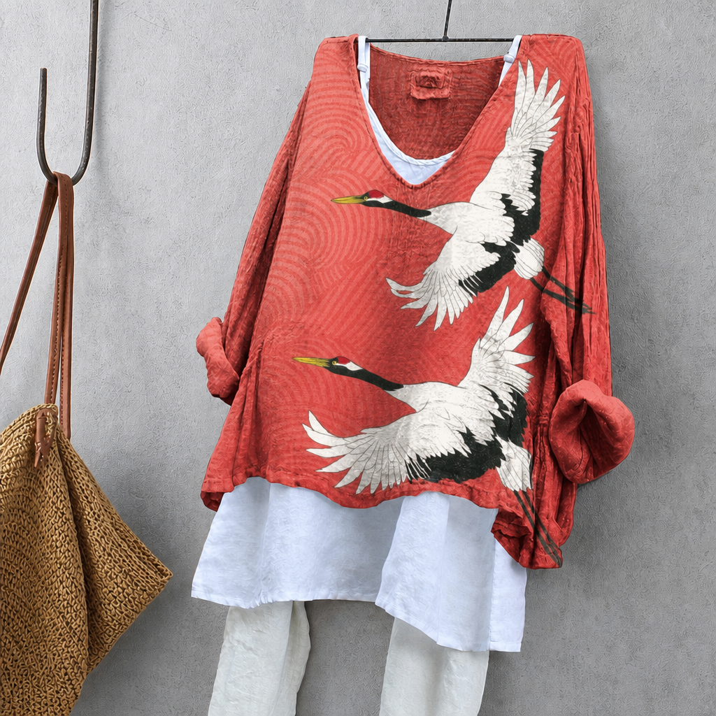 Dancing Crane Print Tunic Blouse – Oversized Boho Top for Women