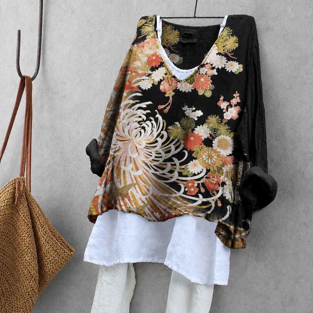 Purple Wisteria & Kitten Print Tunic Blouse – Oversized Boho Top for Women
