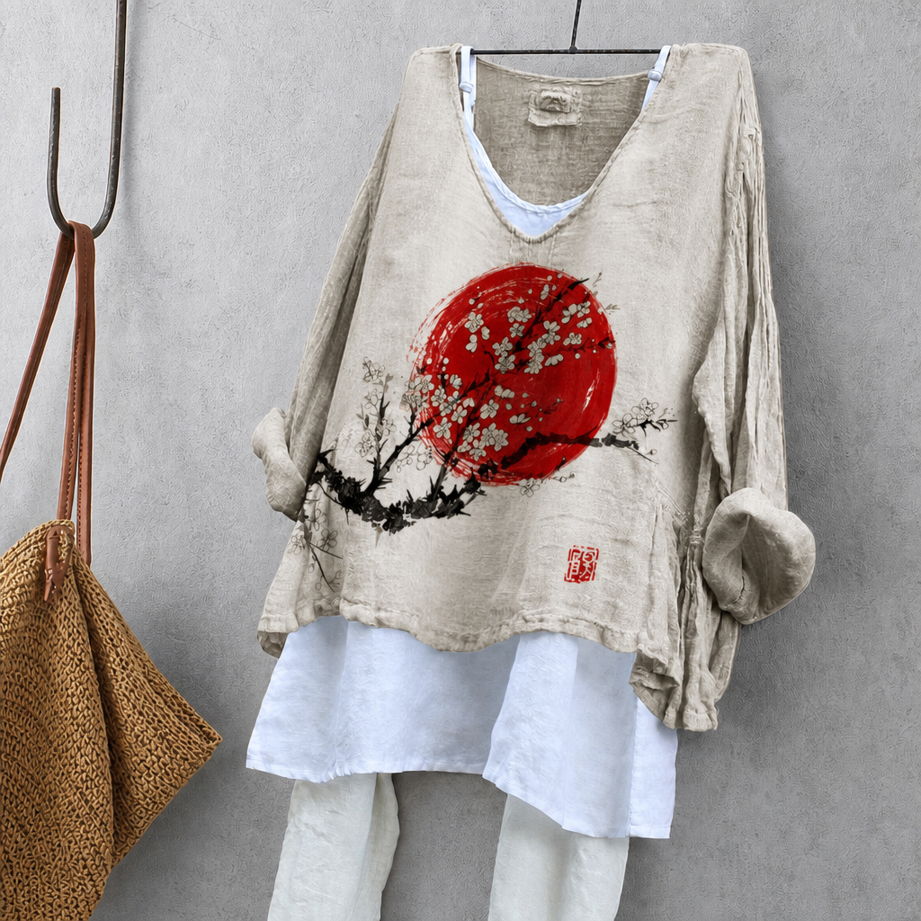 Sun Wheel & Plum Blossom Print Tunic Blouse – Oversized Boho Top for Women