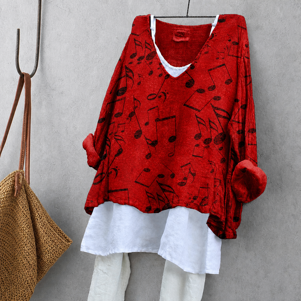Musical Note Print Tunic Blouse – Oversized Boho Top for Women