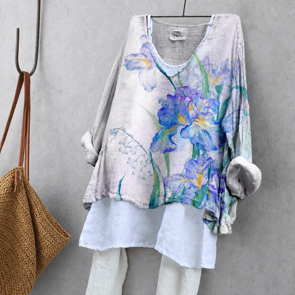 Iris Flower Print Tunic Blouse – Oversized Boho Top for Women
