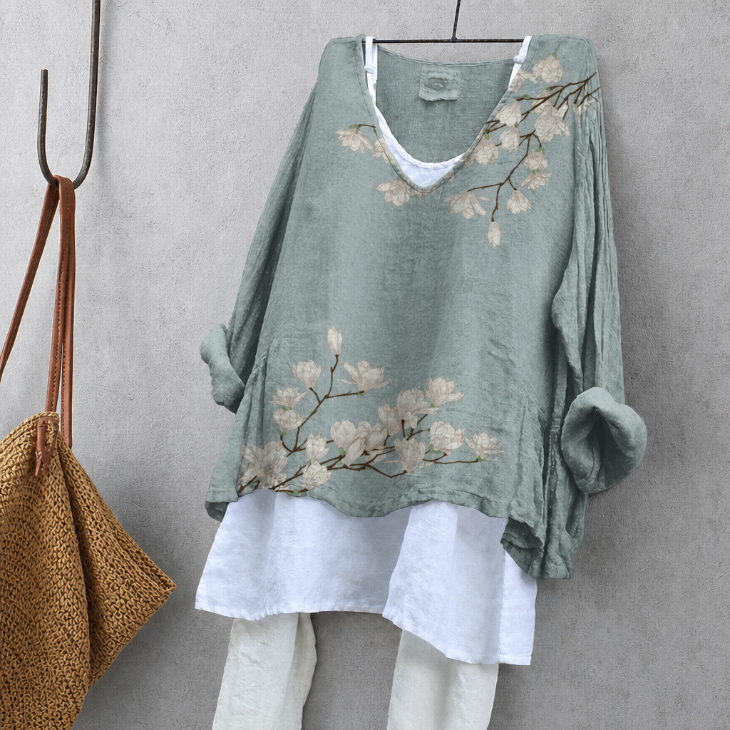 Magnolia Print Tunic Blouse – Oversized Boho Top for Women