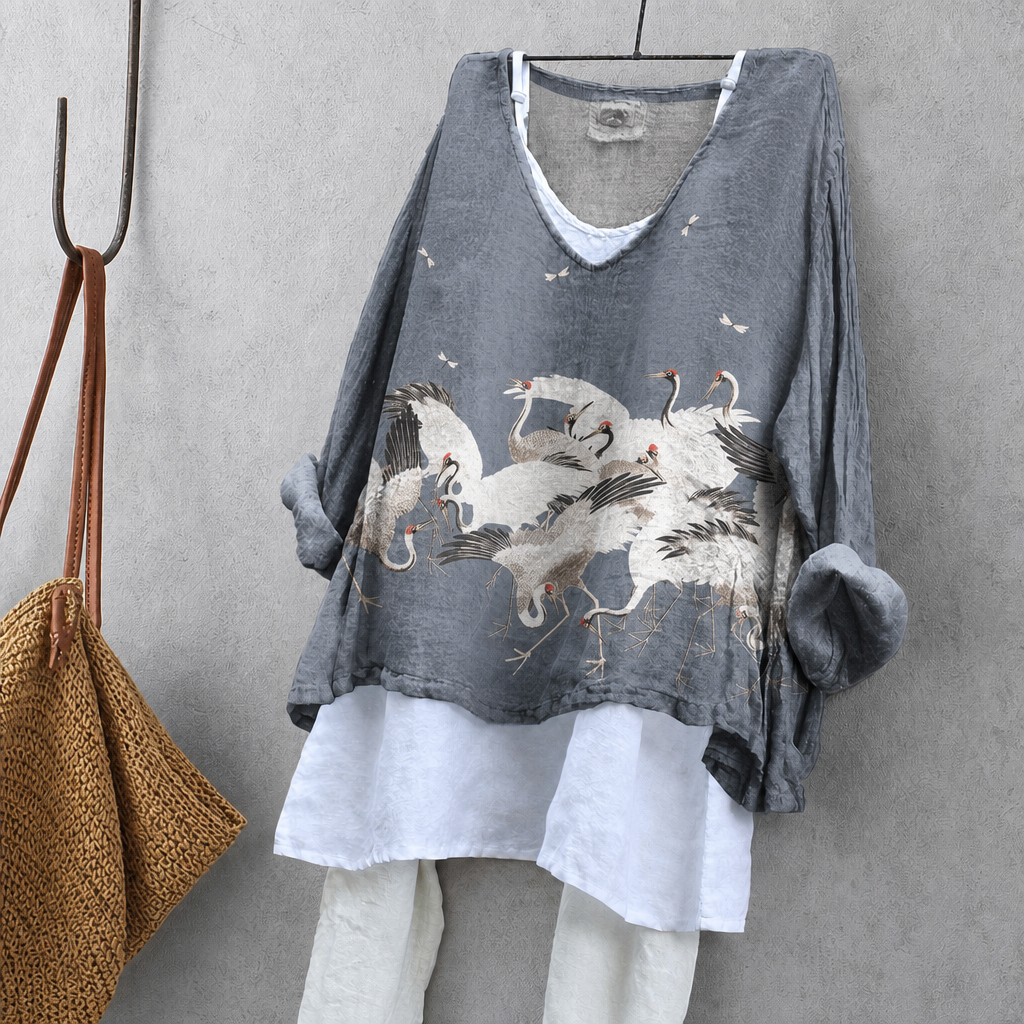 Crane & Dragonfly Print Tunic Blouse – Oversized Boho Top for Women