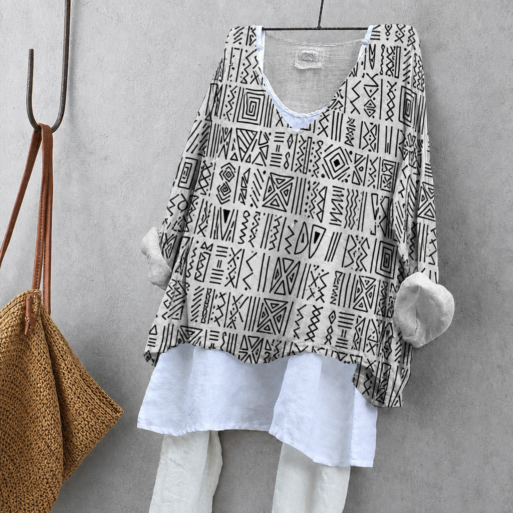 Geometric Pattern Print Tunic Blouse – Oversized Boho Top for Women