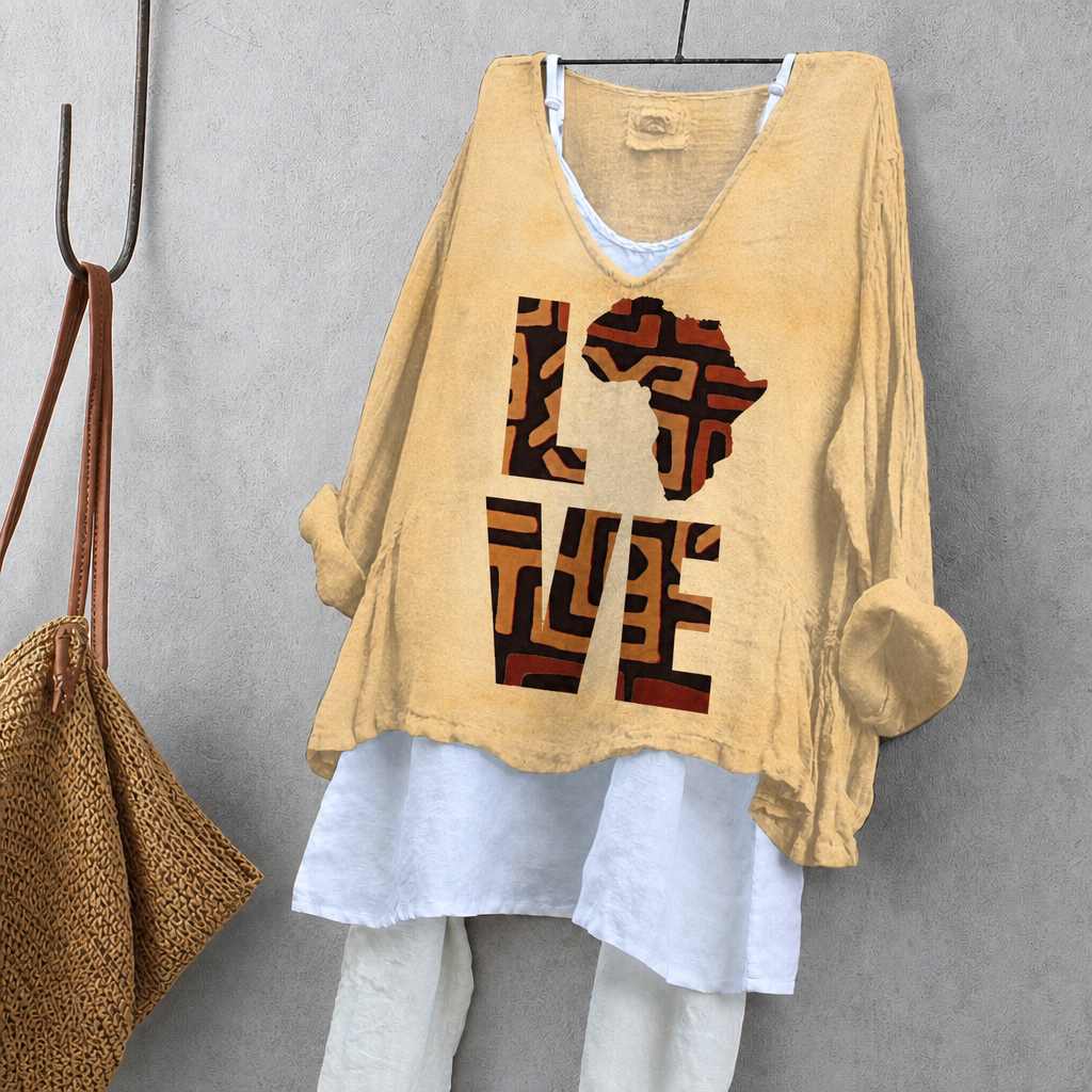 African Motif Print Tunic Blouse – Oversized Boho Top for Women