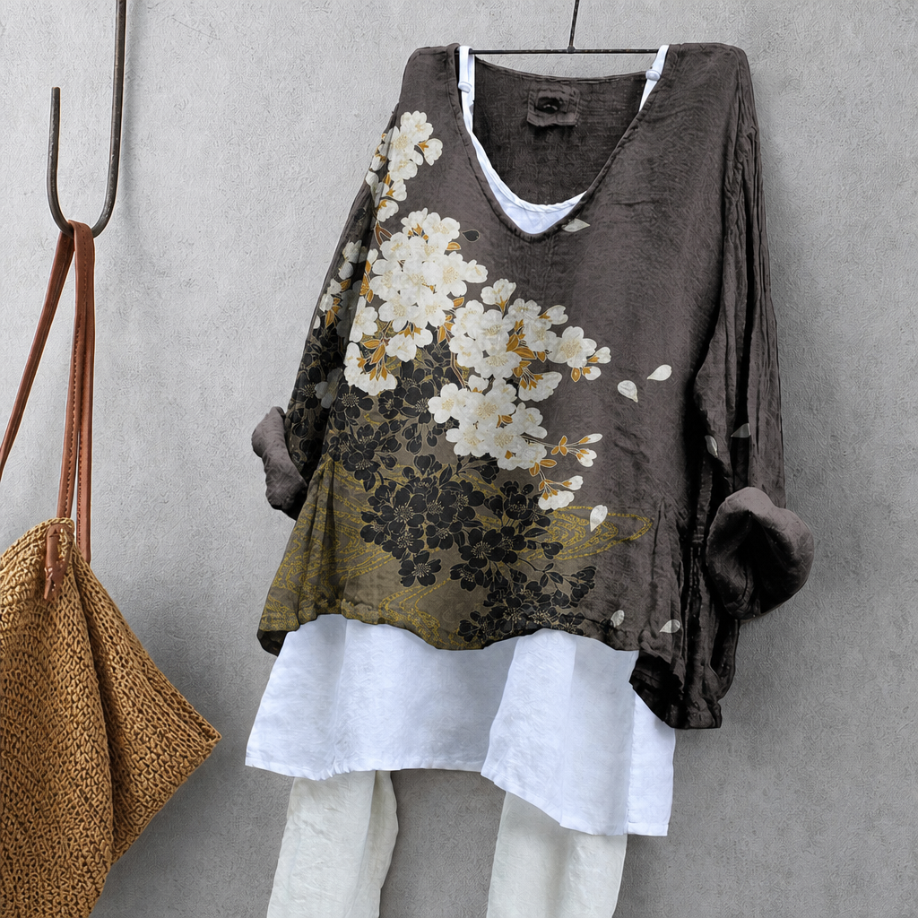 Night Cherry Blossom Print Tunic Blouse – Oversized Boho Top for Women