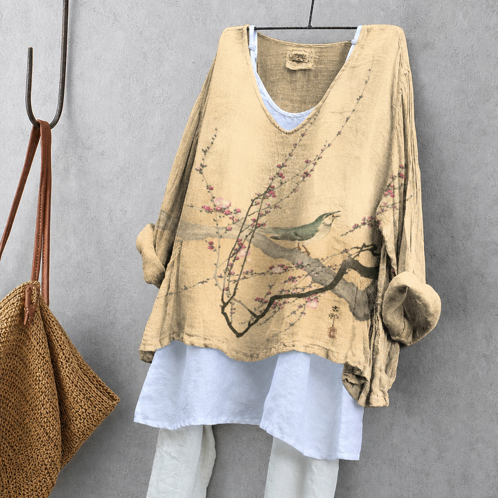 Plum Blossom & Nightingale Print Tunic Blouse – Oversized Boho Top for Women