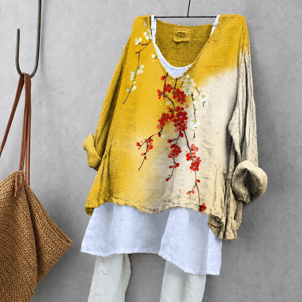 Red & White Plum Blossom Print Tunic Blouse – Oversized Boho Top for Women