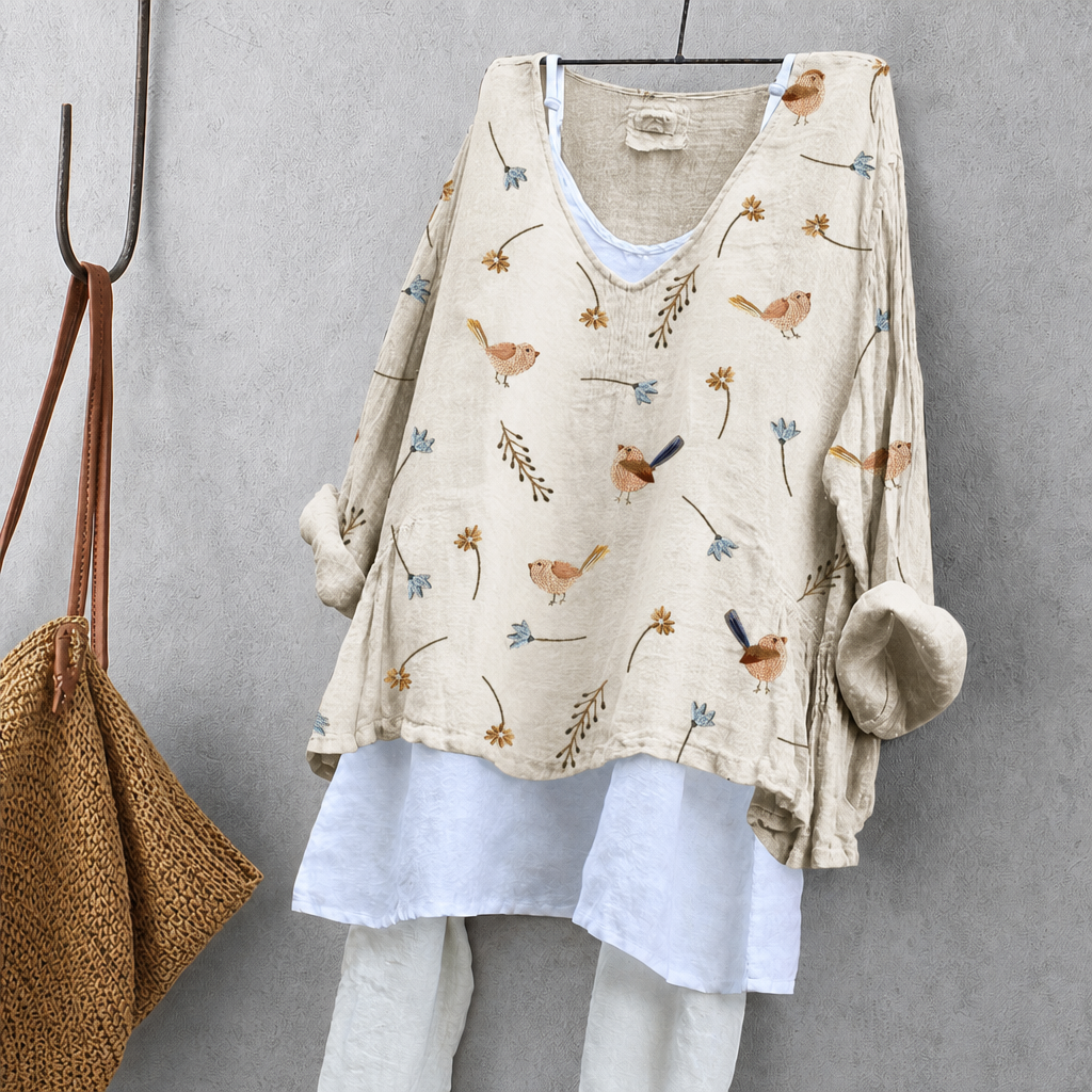 Little Birds & Flowers Print Tunic Blouse – Oversized Boho Top for Women
