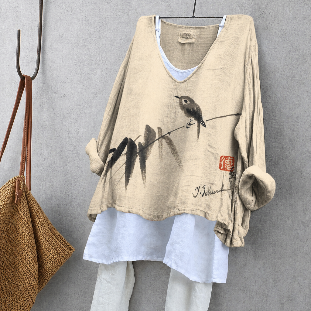Ink Painting Birds & Bamboo Print Tunic Blouse – Oversized Boho Top for Women