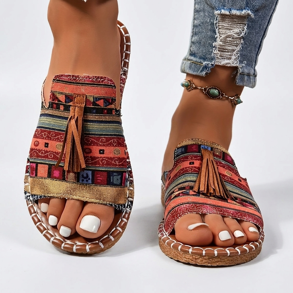 Annemarie | Fringed Flat Sandals in Ethnic Style