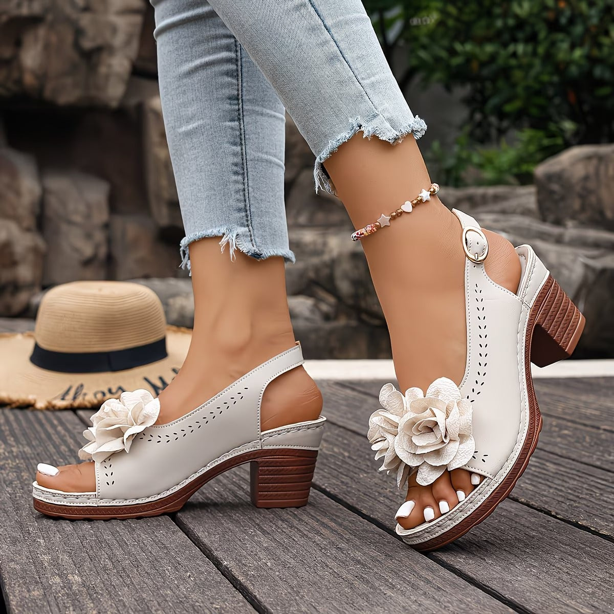Marlie | Sandals with Floral Appliqué and Block Heel