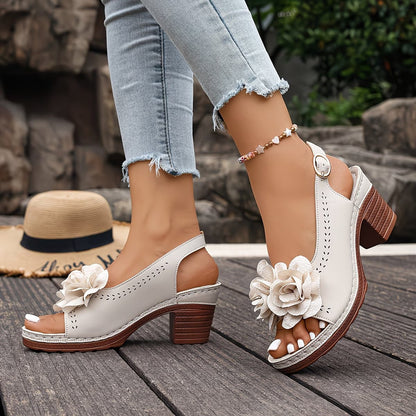 Marlie | Sandals with Floral Appliqué and Block Heel