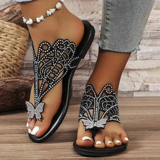 Gisele | Embellished Faux Leather Sandals with Butterfly Detail