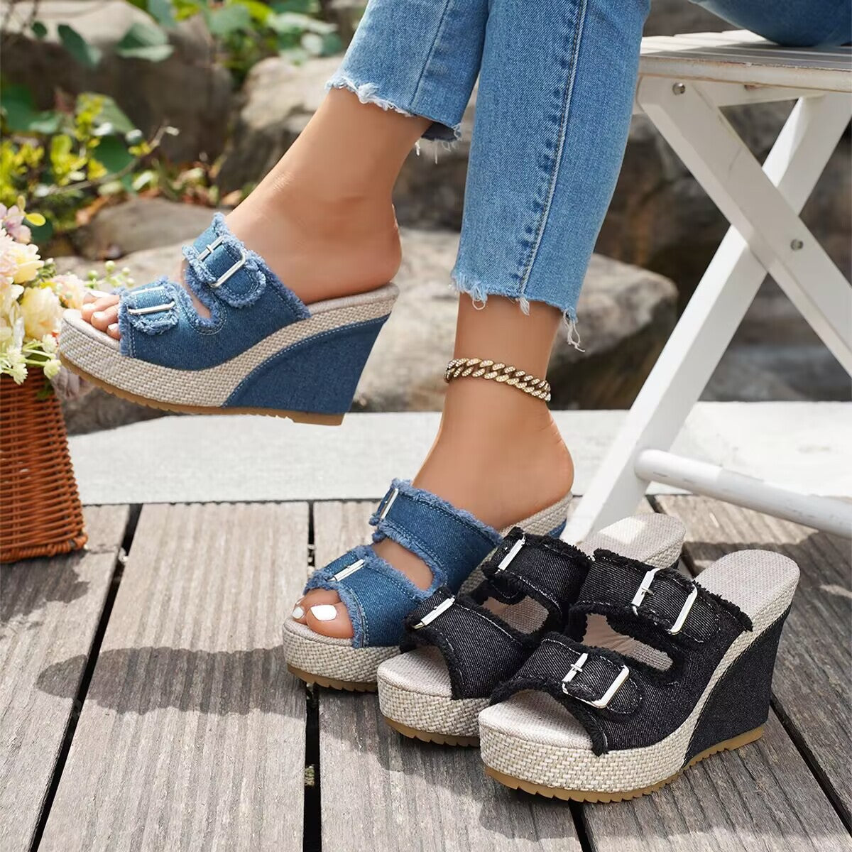 Ute | Trendige Denim Espadrille Keilsandalen