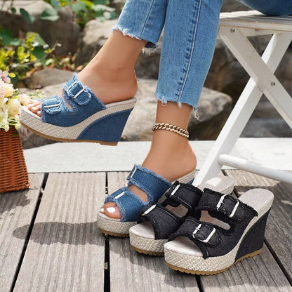 Ute | Trendige Denim Espadrille Keilsandalen