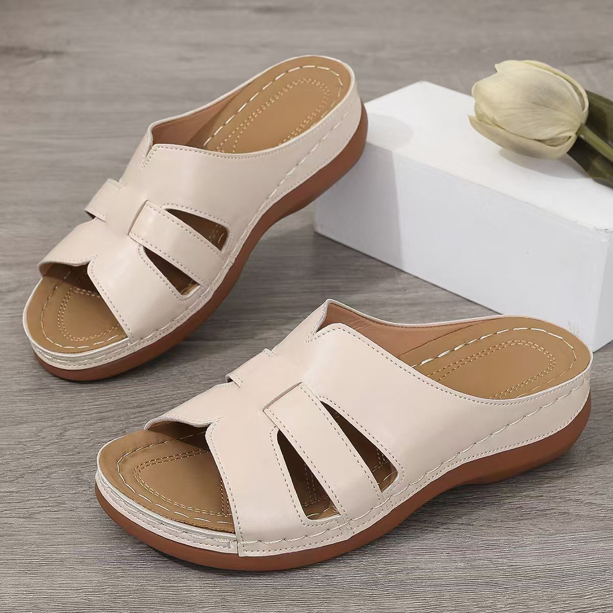 Lina | Orthopaedic Faux Leather Slippers with Open Toe
