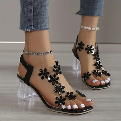 Nina | Block Heel Sandals with Floral Crystals