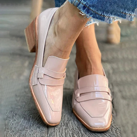 Frankie Women's Glossy Pink Block Heel Loafers