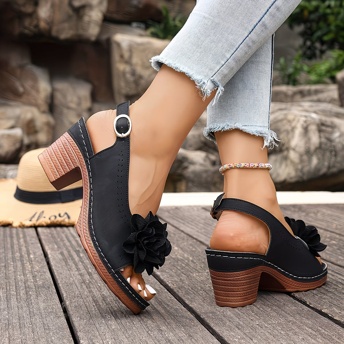 Marlie | Sandals with Floral Appliqué and Block Heel