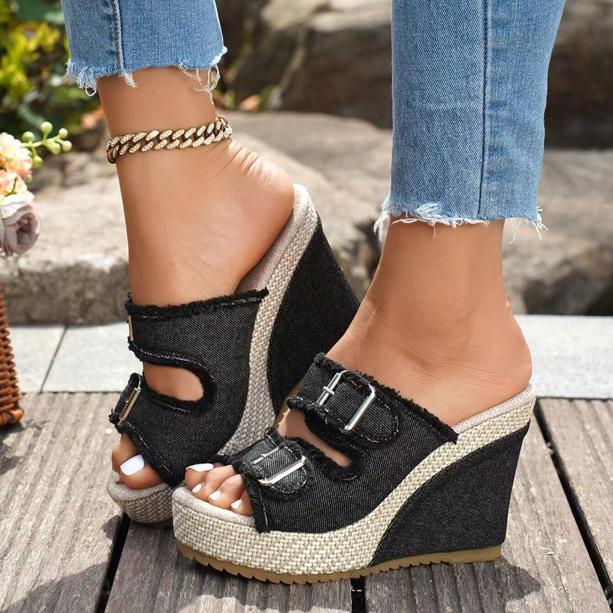 Ute | Trendige Denim Espadrille Keilsandalen