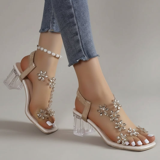 Nina | Block Heel Sandals with Floral Crystals