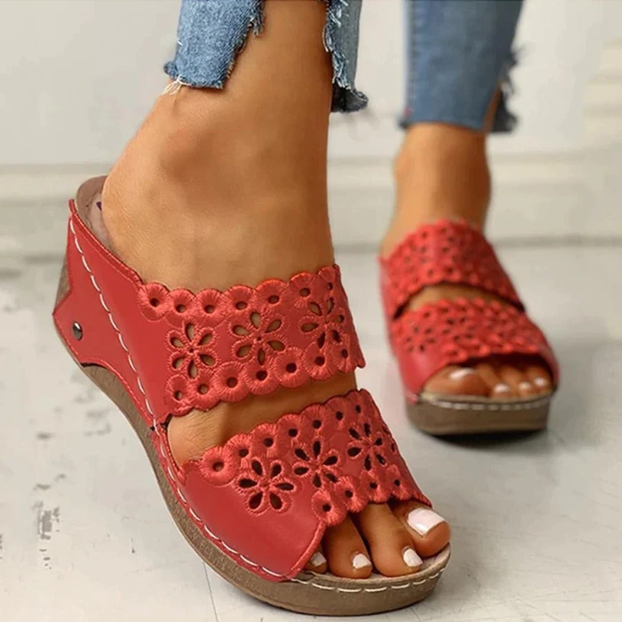 Sabine | Embroidered Wedge Sandals with Faux Leather Finish