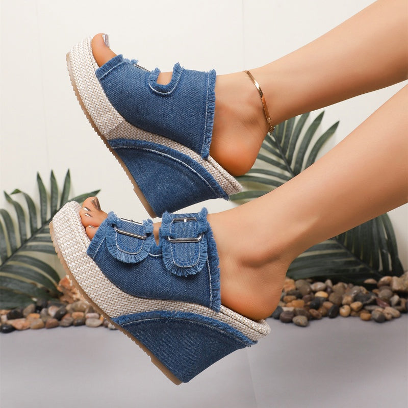 Ute | Trendige Denim Espadrille Keilsandalen
