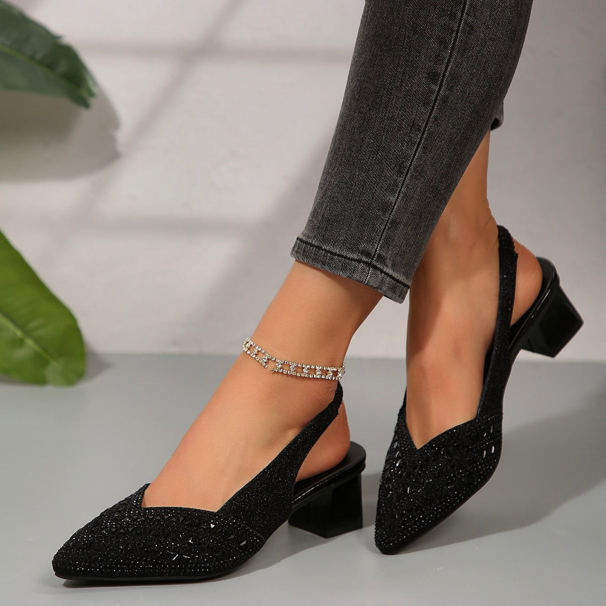 Ramona | Glossy Heeled Sandals with Sparkling Crystal Details