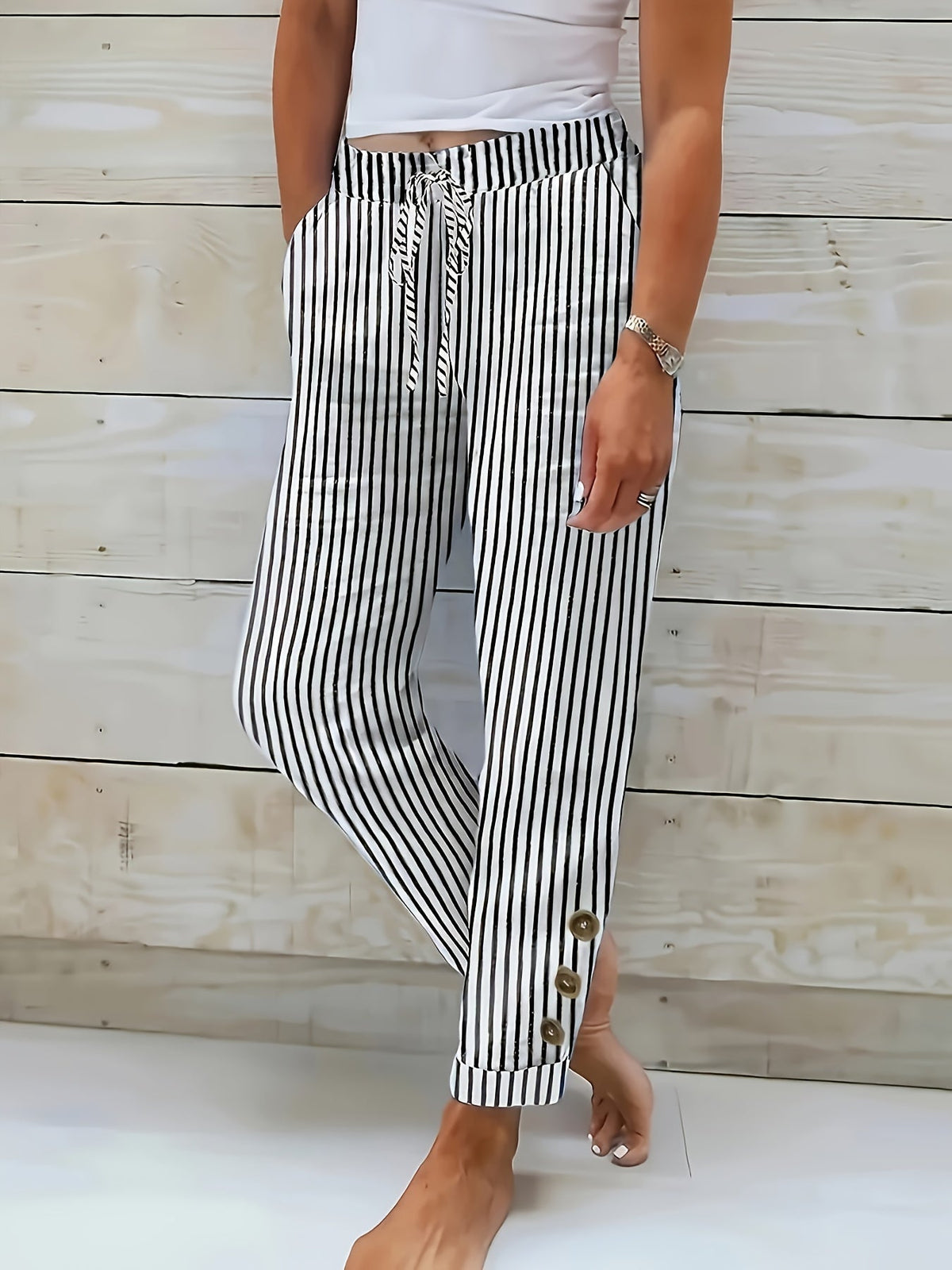 Rakel | Striped Casual Pants with Button Detail