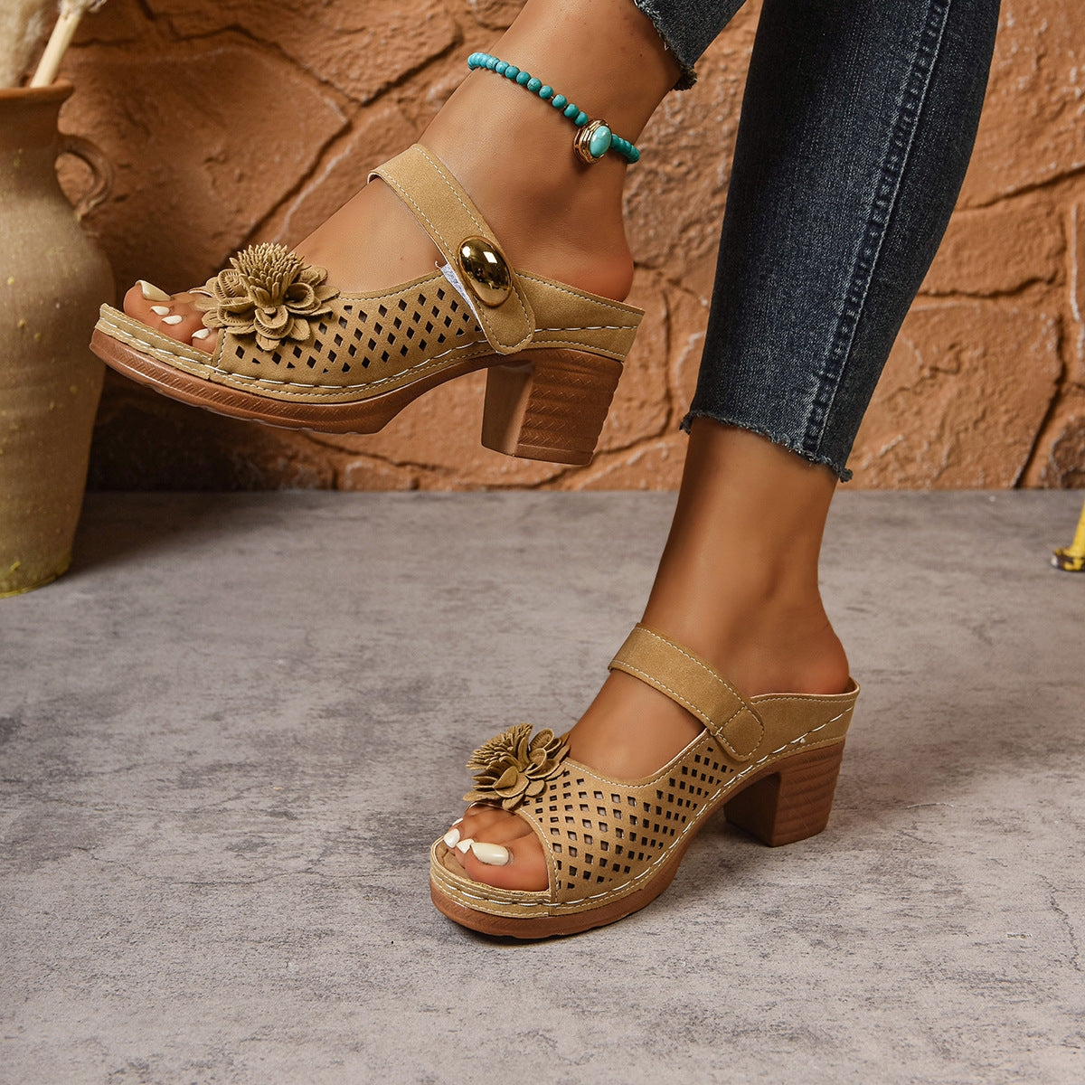 Gertie | Orthopaedic Sandals with Heel and Floral Applique