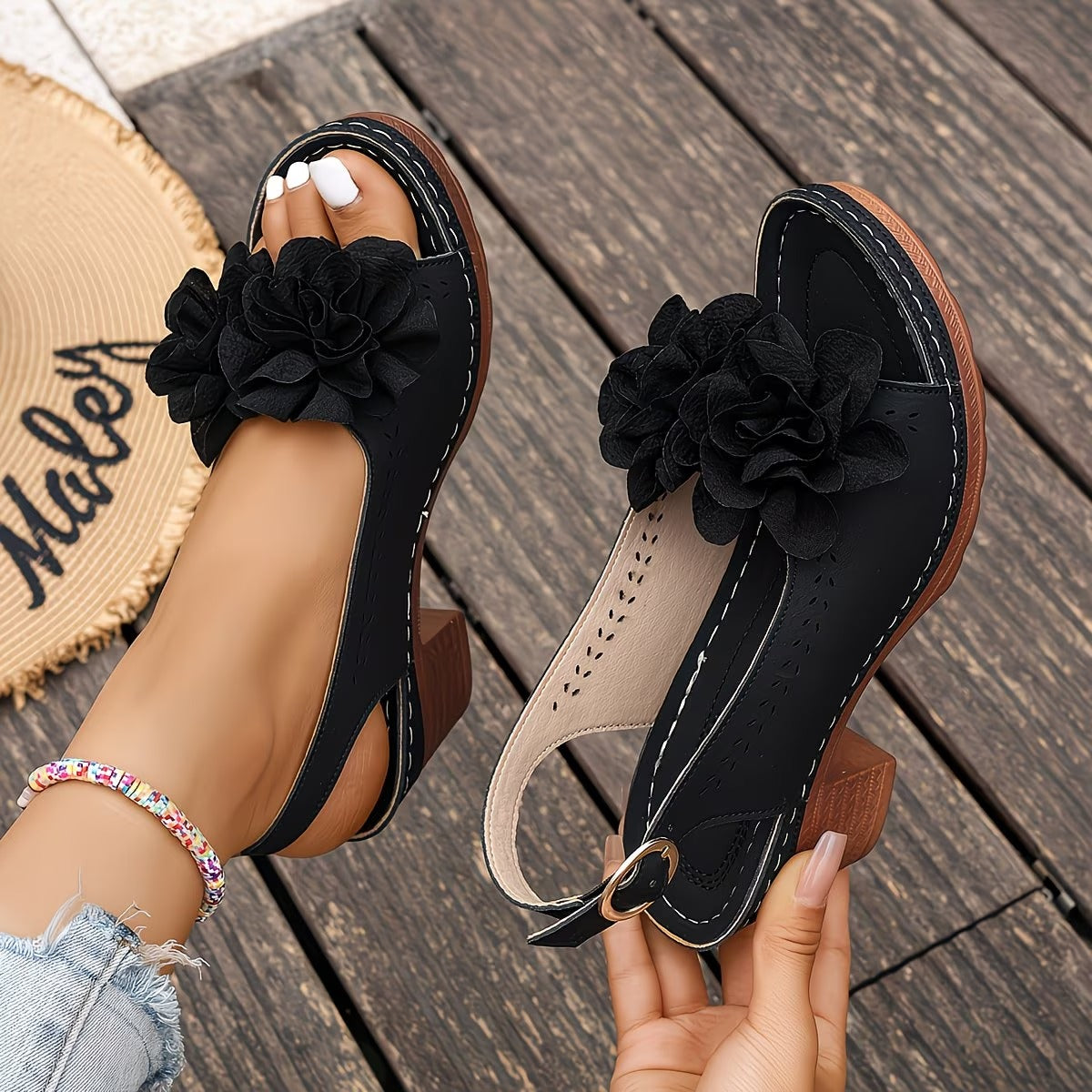 Marlie | Sandals with Floral Appliqué and Block Heel