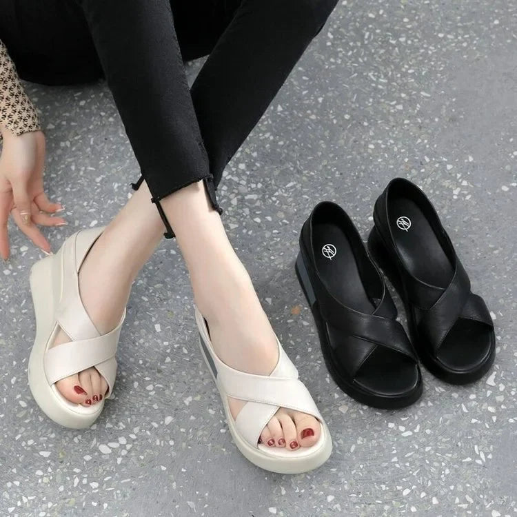 Frances | Modernist Platform Sandals in Faux Leather with Wide Straps