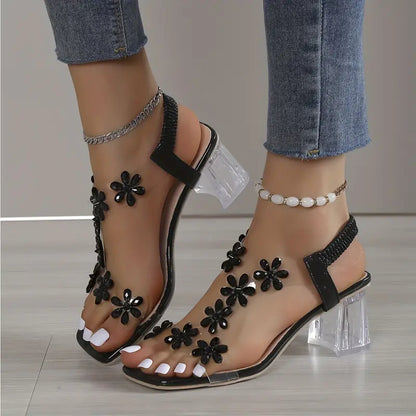Nina | Block Heel Sandals with Floral Crystals