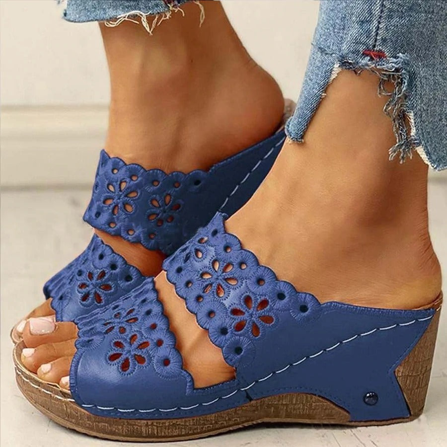 Sabine | Embroidered Wedge Sandals with Faux Leather Finish