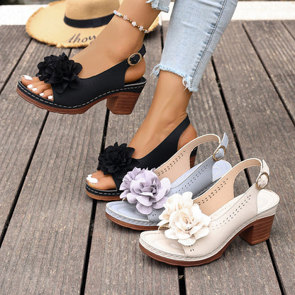 Marlie | Sandals with Floral Appliqué and Block Heel